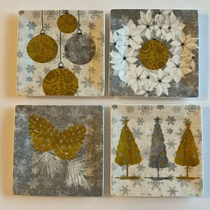 PPD Set of 4 Gold Gray Contemporary Appetizer Christmas Plates Bone China